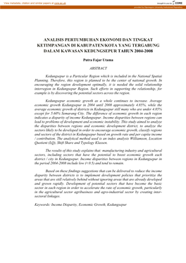 Analisis Pertumbuhan Ekonomi Dan Tingkat Ketimpangan Di Kabupaten/Kota Yang Tergabung Dalam Kawasan Kedungsepur Tahun 2004-2008