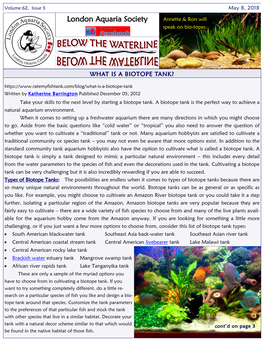 May 8, 2018 London Aquaria Society Annette & Ron Will Speak on Bio-Topes