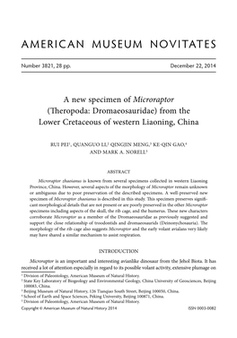 Microraptor (Theropoda: Dromaeosauridae) from the Lower Cretaceous of Western Liaoning, China