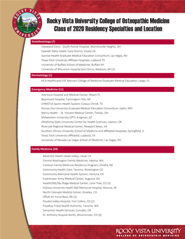 Rocky Vista University College of Osteopathic Medicine Class of 2020 Residency Specialties and Location