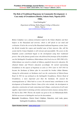 The Role of Traditional Hegemony in Community Development: a Case Study of Gwadabawa District, Sokoto State, Nigeria (1931- 1968)