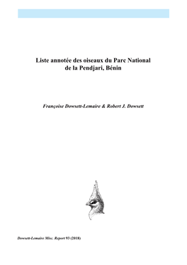 Liste Annotée Des Oiseaux Du Parc National De La Pendjari, Bénin