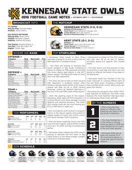 Kennesaw State Owls 2019 Football Game Notes » Saturday, Sept