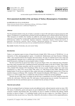 First Annotated Checklist of the Ant Fauna of Turkey (Hymenoptera: Formicidae)