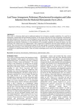 Leaf Tissue Arrangement, Preliminary Phytochemical Investigation and Callus Induction from the Medicinal Hemi-Parasite Osyris Alba L