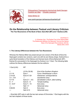 On the Relationship Between Textual Und Literary Criticism the Two Recensions of the Book of Ezra: Ezra-Neh (MT) and 1 Esdras (LXX)