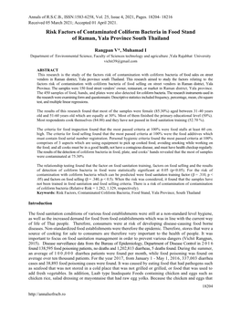 Risk Factors of Contaminated Coliform Bacteria in Food Stand of Raman, Yala Province South Thailand