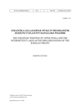 Strateška Lega Zgornje Pivke in Presihajočih Jezer Po Uveljavitvi Rapallske Pogodbe