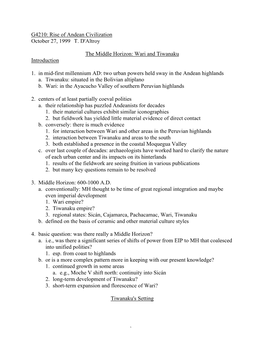 G4210: Rise of Andean Civilization October 27, 1999 T. D'altroy The