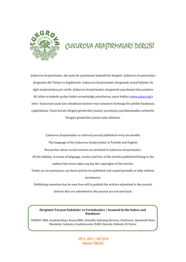 Cilt 4, Sayi 1, Yaz 2018 Adana/ Türkiye Çukurova Araştirmalari Dergisi E-Issn: 2458-7559