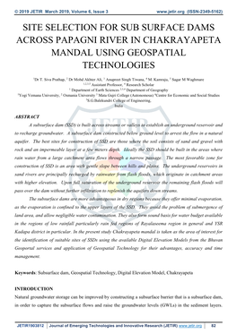 Site Selection for Sub Surface Dams Across Papagni River in Chakrayapeta Mandal Using Geospatial Technologies