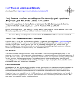 Early Permian Vertebrate Assemblage and Its Biostratigraphic Significance, Arroyo Del Agua, Rio Arriba County, New Mexico Spencer G