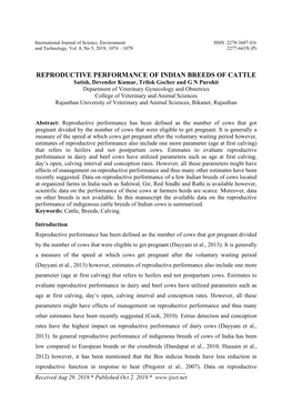 Reproductive Performance of Indian Breeds of Cattle