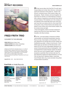 Fred Frith Trio with Jason Hoopes (Bass) and Jordan Glenn (Drums) Continues to Explore the Dimension of the Guitar Trio