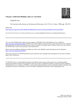 Chicago's Auditorium Building: Opera Or Anarchism Joseph M. Siry the Journal of the Society of Architectural Historians, Vol. 57