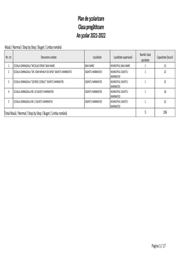 Plan De Şcolarizare Clasa Pregătitoare an Şcolar 2021-2022