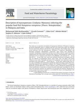 Description of Myxosporeans (Cnidaria: Myxozoa) Infecting the Popular Food ﬁsh Notopterus Notopterus (Pisces: Notopteridae) in Malaysia and India