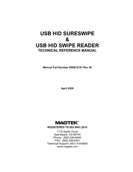 USB HID Swipe Reader, Technical Reference Manual