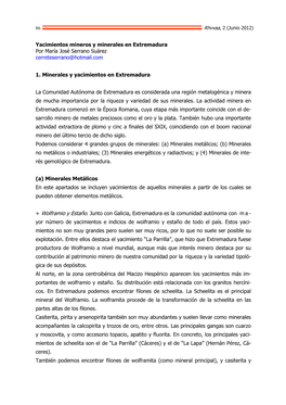 Yacimientos Mineros Y Minerales En Extremadura Por María José Serrano Suárez Cerreteserrano@Hotmail.Com