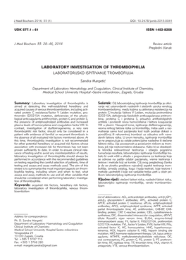 Laboratory Investigation of Thrombophilia Laboratorijsko Ispitivanje Trombofilija