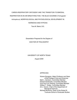 Cardio-Respiratory Ontogeny and the Transition to Bimodal Respiration in an Air Breathing Fish, the Blue Gourami (Trichogaster Trichopterus)