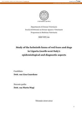 Study of the Helminth Fauna of Red Foxes and Dogs in Liguria (North-West Italy): Epidemiological and Diagnostic Aspects