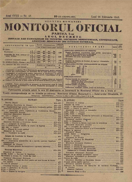 Monitorul Oficial Din a Treia Zi Toatä Corespondenta Seva Trimite Pe Adresa : Monitorul Oficial, Bucure;Sti I