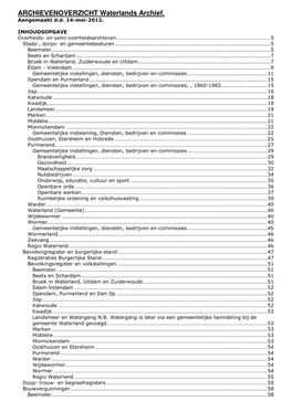 ARCHIEVENOVERZICHT Waterlands Archief. Aangemaakt D.D