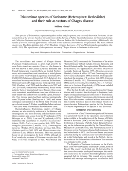 Triatominae Species of Suriname (Heteroptera: Reduviidae) and Their Role As Vectors of Chagas Disease