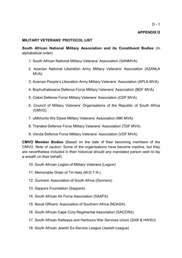 1 APPENDIX D MILITARY VETERANS' PROTOCOL LIST South African