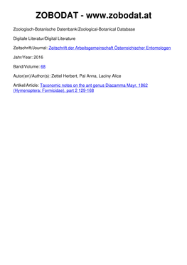 Taxonomic Notes on the Ant Genus Diacamma Mayr, 1862