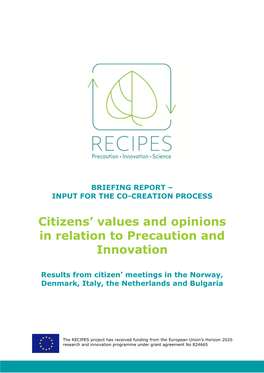 Reports Citizens' Values and Opinions in Relation to Precaution and Innovation