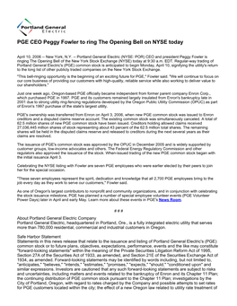 PGE CEO Peggy Fowler to Ring the Opening Bell on NYSE Today