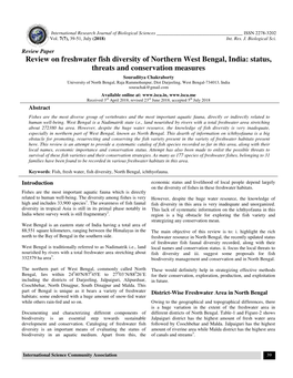 Review on Freshwater Fish Diversity of Threats and Conse Hwater Fish Diversity of Northern West Bengal, India