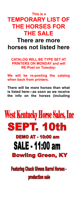 TEMPORARY LIST of the HORSES for the SALE There Are More Horses Not Listed Here