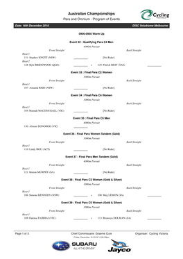 Australian Championships Para and Omnium - Program of Events