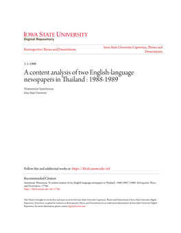 A Content Analysis of Two English-Language Newspapers in Thailand : 1988-1989 Wareemon Sawetawan Iowa State University