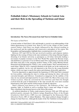 Fethullah Gülen's Missionary Schools in Central Asia and Their Role in the Spreading of Turkism and Islam1