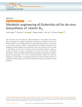 Metabolic Engineering of Escherichia Coli for De Novo Biosynthesis of Vitamin B12