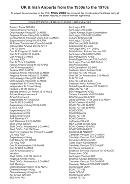 Fact Sheet Listing All the Aircraft Featured, in Order of Their First Appearance