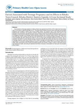 Factors Associated with Teenage Pregnancy and Its Effects in Kibuku