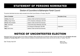 STATEMENT of PERSONS NOMINATED Election of Councillors to Bathampton Parish Council