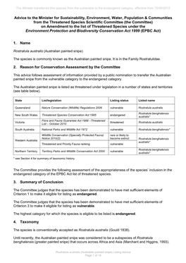 Advice to the Minister for the Environment and Heritage from The