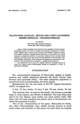 Platycypha Caligata (Selys) and a New Lacustrine