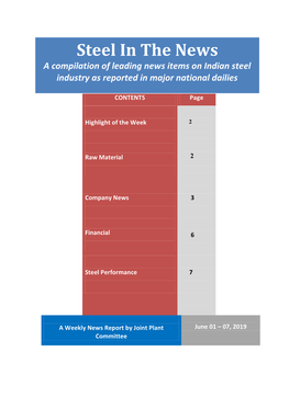 Steel in the News a Compilation of Leading News Items on Indian Steel