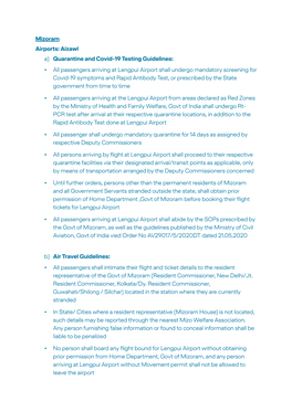 Mizoram Airports: Aizawl A) Quarantine and Covid-19 Testing