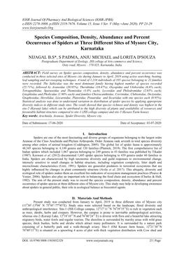 Species Composition, Density, Abundance and Percent Occurrence of Spiders at Three Different Sites of Mysore City, Karnataka