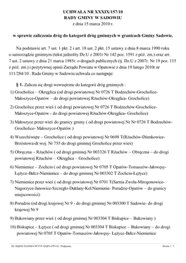 UCHWAŁA NR XXXIX/157/10 RADY GMINY W SADOWIU Z Dnia 15 Marca 2010 R