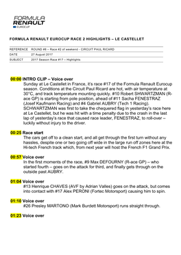 Voice Over Sunday at Le Castellet in France, It's Race #17 of the Formula Renault Eurocup Season. Conditi