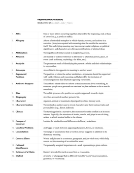 Keystone Literature Glossary Study Online at Quizlet.Com/ 7Reln 1. Affix